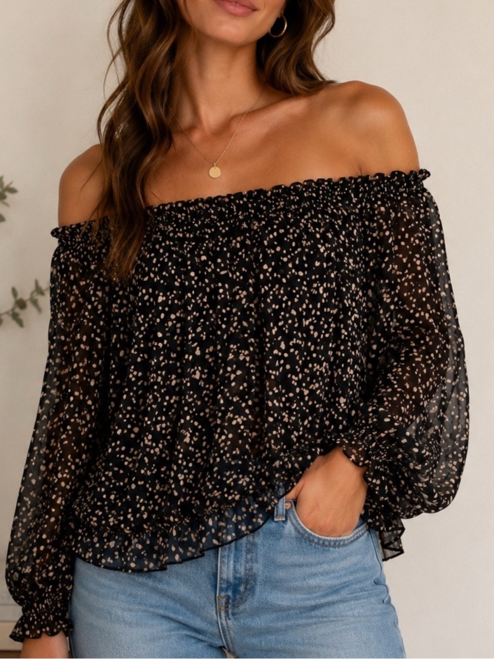 Made in Italy Silk Black Sheer Off-Shoulder Blouse with Beige Dot Print